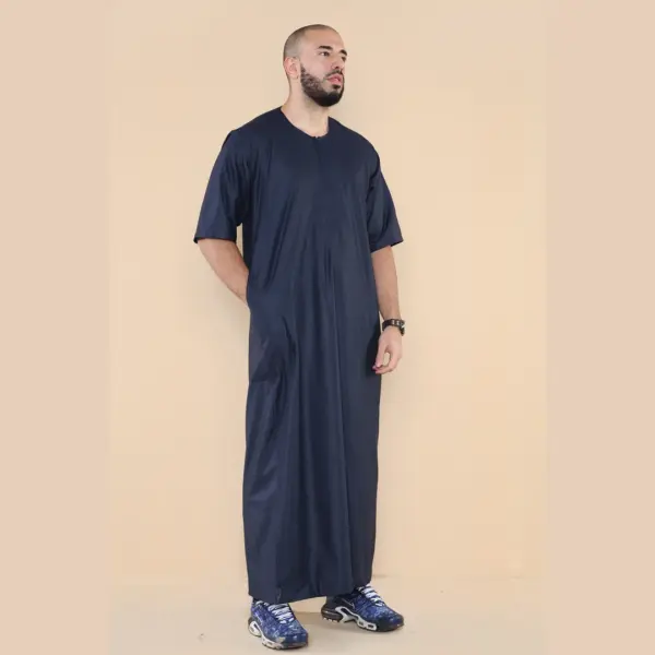 107 Mens Navy Zipped Half Sleeve Islamic Thobe 4