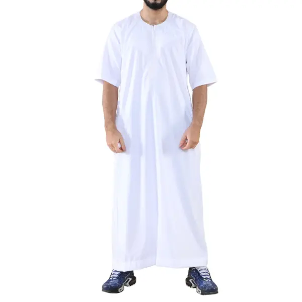 107 Mens White Zipped Half Sleeve Islamic Thobe 1