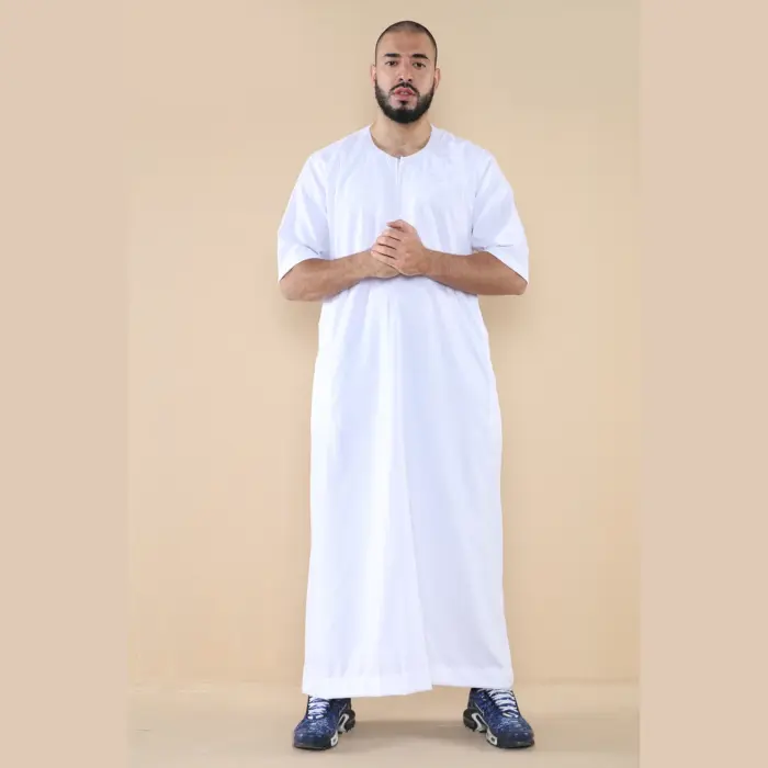107 - Men's White Zipped Half Sleeve Islamic Thobe - Image 1