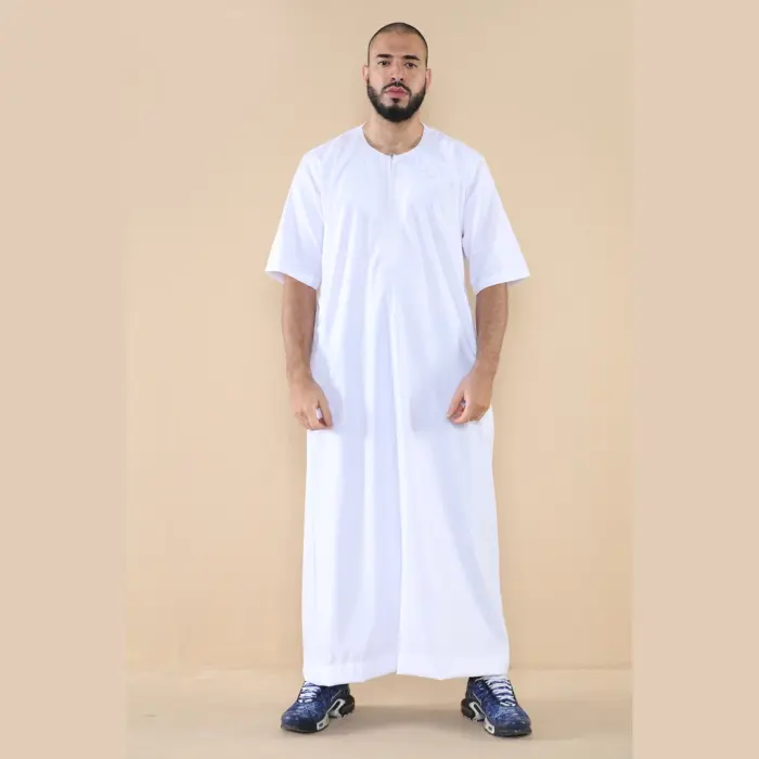 107 - Men's White Zipped Half Sleeve Islamic Thobe - Image 2