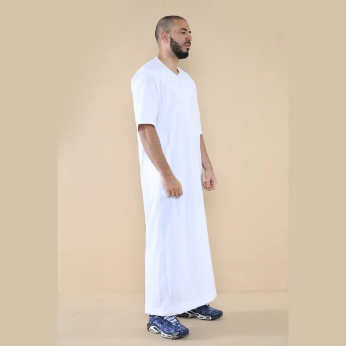 107 - Men's White Zipped Half Sleeve Islamic Thobe - Image 4