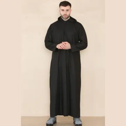 108 - Men's Black Muslim Slim or Regular Fit Hooded Thobe