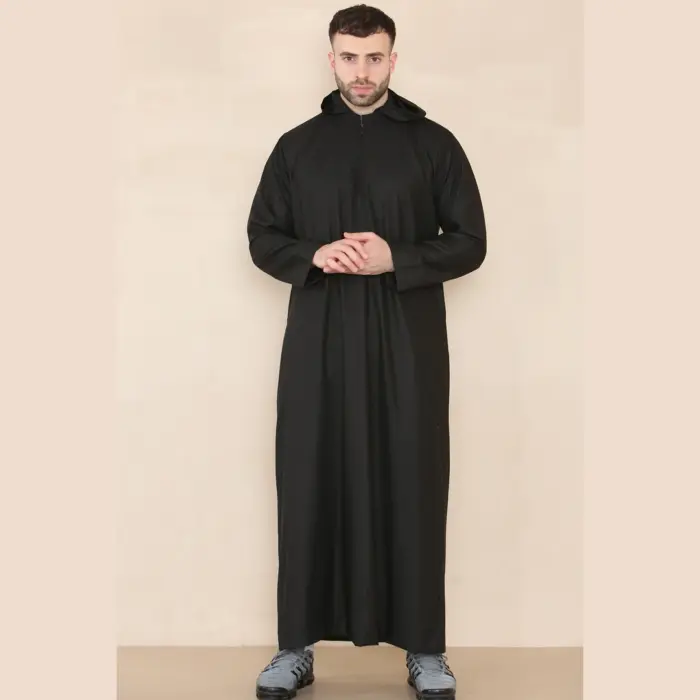 108 - Men's Black Muslim Slim or Regular Fit Hooded Thobe - Image 1