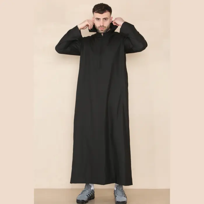 108 - Men's Black Muslim Slim or Regular Fit Hooded Thobe - Image 3