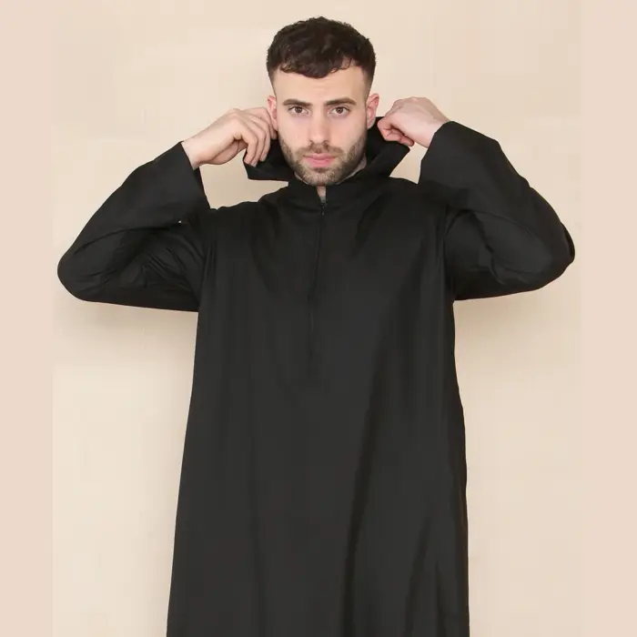 108 - Men's Black Muslim Slim or Regular Fit Hooded Thobe - Image 4
