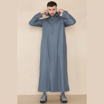 108 - Men's Grey Muslim Slim or Regular Fit Hooded Thobe