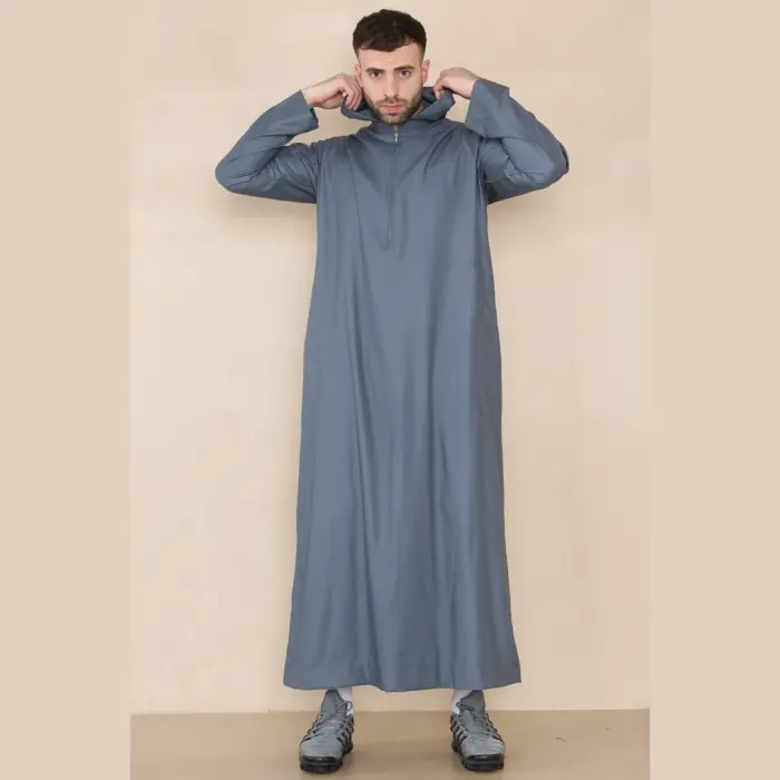 108 - Men's Grey Muslim Slim or Regular Fit Hooded Thobe - Image 1