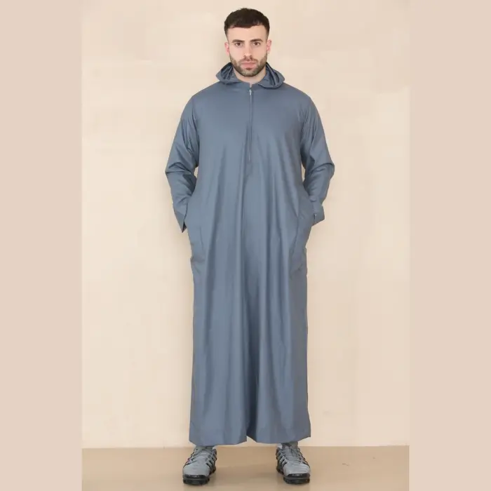 108 - Men's Grey Muslim Slim or Regular Fit Hooded Thobe - Image 2