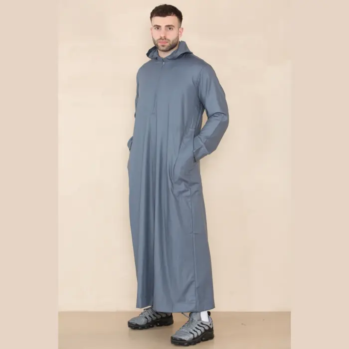 108 - Men's Grey Muslim Slim or Regular Fit Hooded Thobe - Image 3