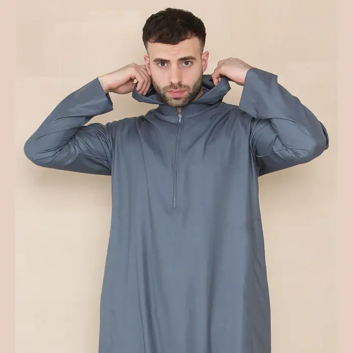 108 - Men's Grey Muslim Slim or Regular Fit Hooded Thobe - Image 4