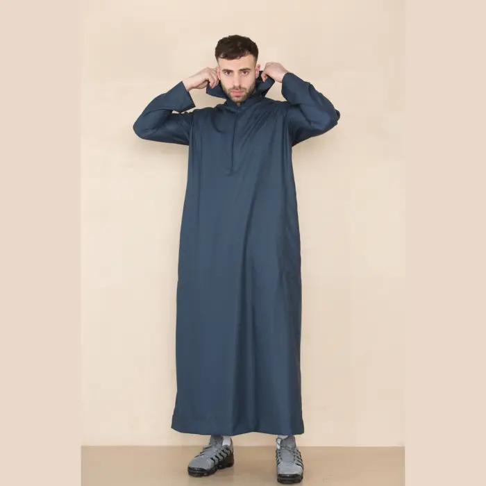 108 - Men's Navy Muslim Slim or Regular Fit Hooded Thobe - Image 3