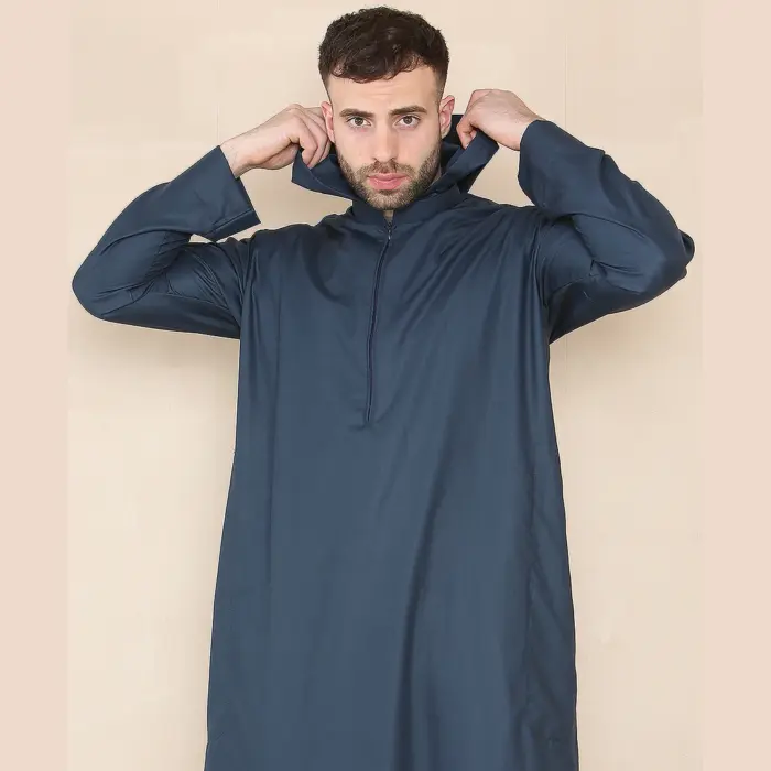 108 - Men's Navy Muslim Slim or Regular Fit Hooded Thobe - Image 4