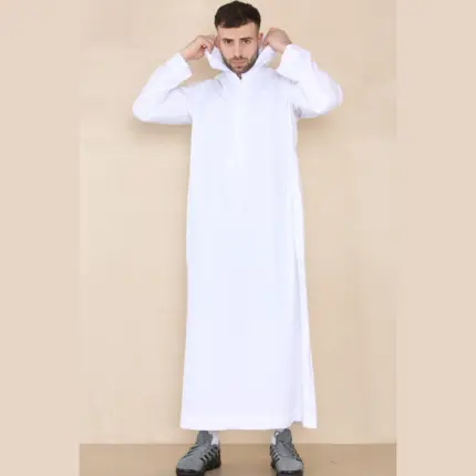 108 - Men's White Muslim Slim or Regular Fit Hooded Thobe