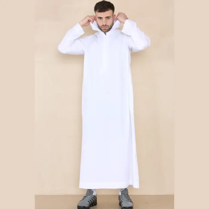 108 - Men's White Muslim Slim or Regular Fit Hooded Thobe - Image 1