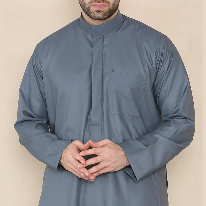 109 - Men's Grey Muslim Eid Thobe with Nehru Collar - Image 5