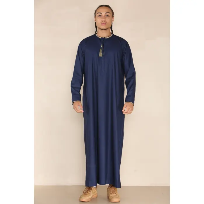 110 - Men's Navy Islamic Eid Thobe Jubba with Tassel - Image 1