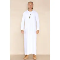110 - Men's White Islamic Eid Thobe Jubba with Tassel