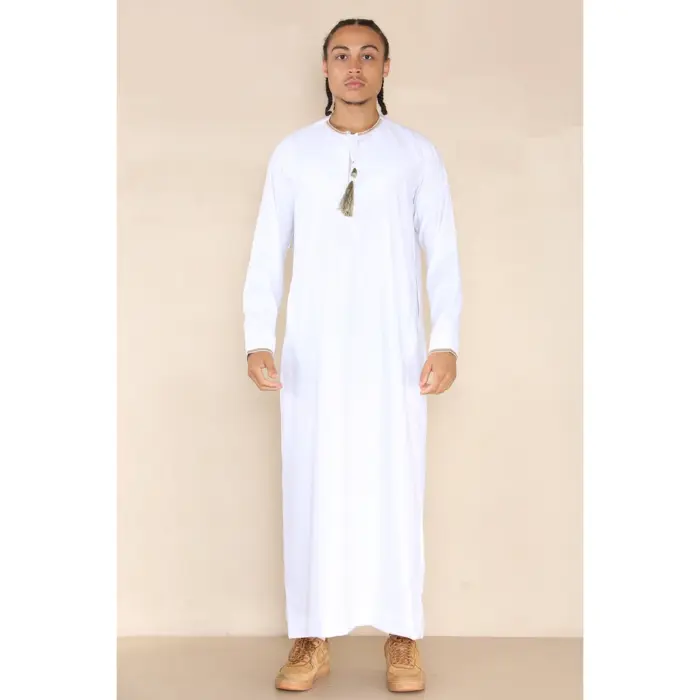 110 - Men's White Islamic Eid Thobe Jubba with Tassel - Image 1