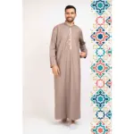 112 - Men's Beige Stand Collar Thobe Islamic Clothing