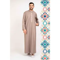 112 - Men's Beige Stand Collar Thobe Islamic Clothing