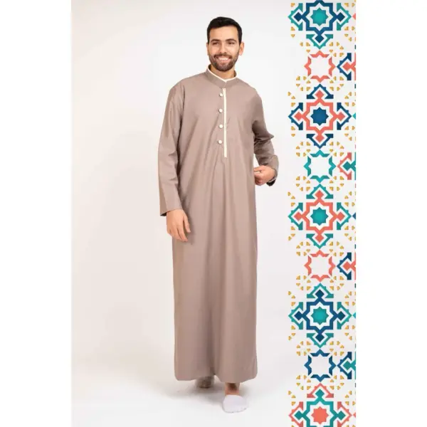 112 Mens Beige Stand Collar Thobe Islamic Clothing 2