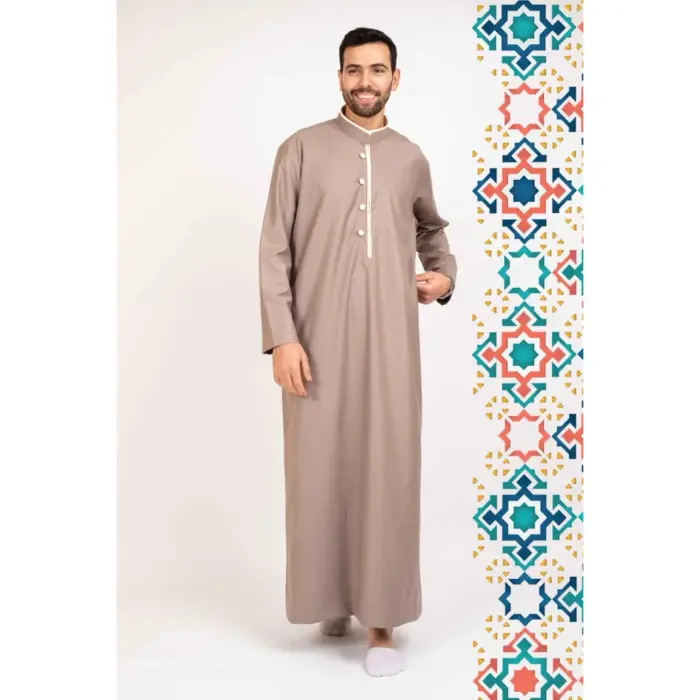 112 - Men's Beige Stand Collar Thobe Islamic Clothing - Image 1