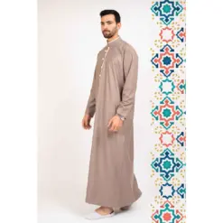 Alternative view of 112 - Men's Beige Stand Collar Thobe Islamic Clothing