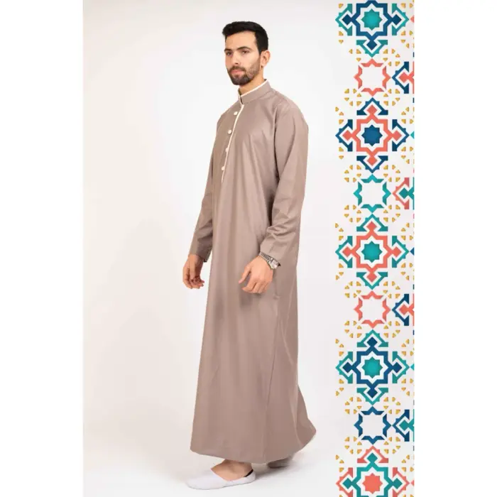 112 - Men's Beige Stand Collar Thobe Islamic Clothing - Image 2