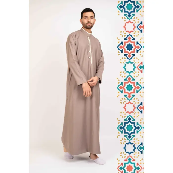 112 - Men's Beige Stand Collar Thobe Islamic Clothing - Image 3