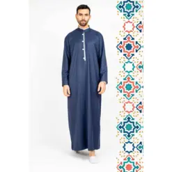112 - Men's Blue Stand Collar Thobe Islamic Clothing