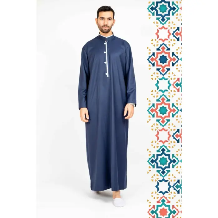 112 - Men's Blue Stand Collar Thobe Islamic Clothing - Image 1