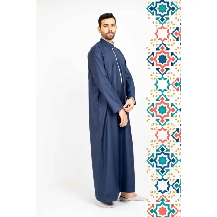 112 - Men's Blue Stand Collar Thobe Islamic Clothing - Image 2