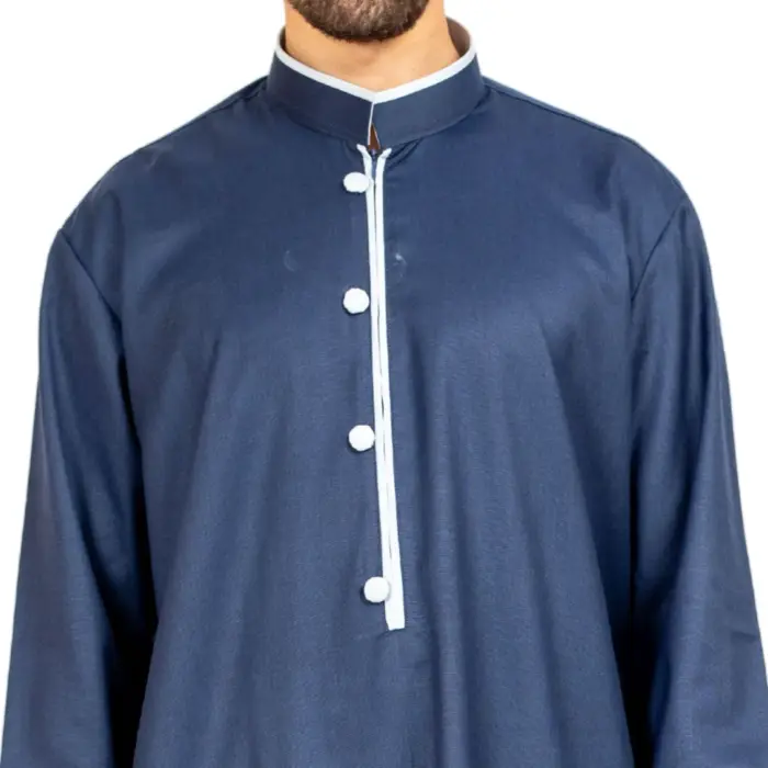112 - Men's Blue Stand Collar Thobe Islamic Clothing - Image 3