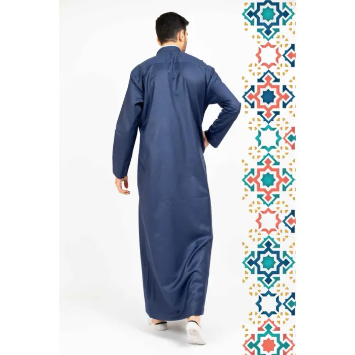 112 - Men's Blue Stand Collar Thobe Islamic Clothing - Image 4