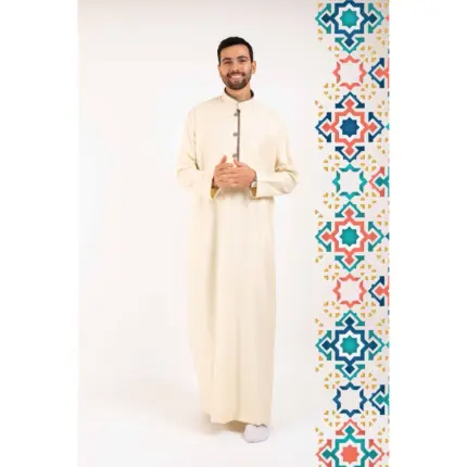 112 - Men's Cream Stand Collar Thobe Islamic Clothing