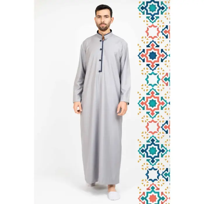 112 - Men's Grey Stand Collar Thobe Islamic Clothing - Image 1