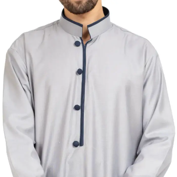 112 - Men's Grey Stand Collar Thobe Islamic Clothing - Image 4