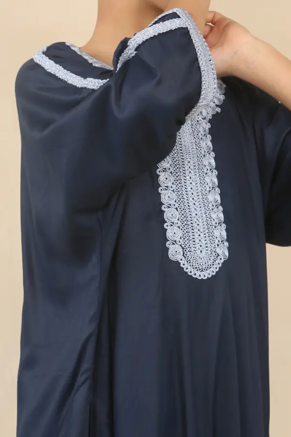 HM61 Boys Navy Moroccan Thobe Short Sleeve Embroidery Gandoura 1