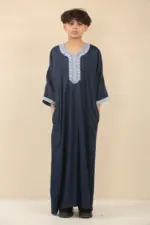 HM61 - Boys Navy Moroccan Thobe Short Sleeve Embroidery Gandoura