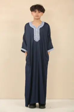HM61 - Boys Navy Moroccan Thobe Short Sleeve Embroidery Gandoura