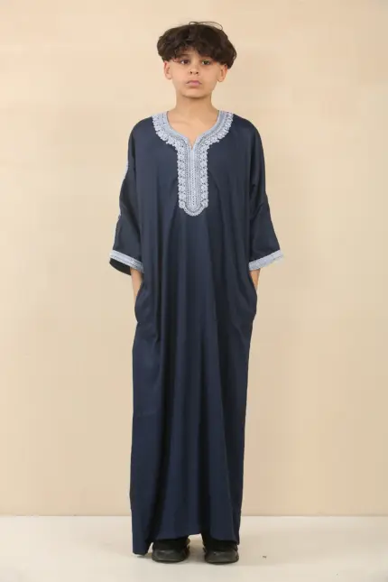 HM61 - Boys Navy Moroccan Thobe Short Sleeve Embroidery Gandoura