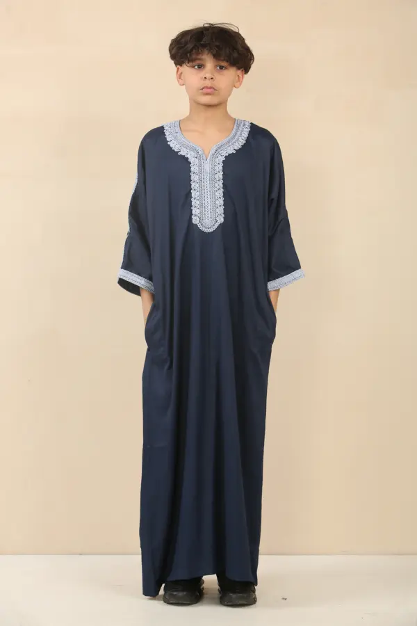 HM61 Boys Navy Moroccan Thobe Short Sleeve Embroidery Gandoura 3