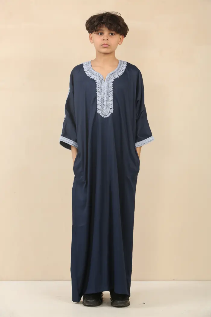 HM61 - Boys Navy Moroccan Thobe Short Sleeve Embroidery Gandoura - Image 1