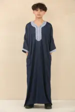 HM61 - Boys Navy Moroccan Thobe Short Sleeve Embroidery Gandoura - Image 4