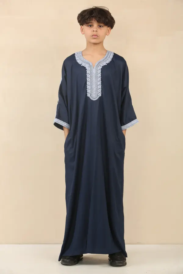 HM61 Boys Navy Moroccan Thobe Short Sleeve Embroidery Gandoura 4