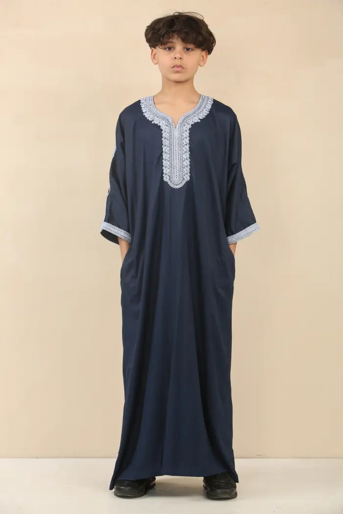 HM61 - Boys Navy Moroccan Thobe Short Sleeve Embroidery Gandoura - Image 4