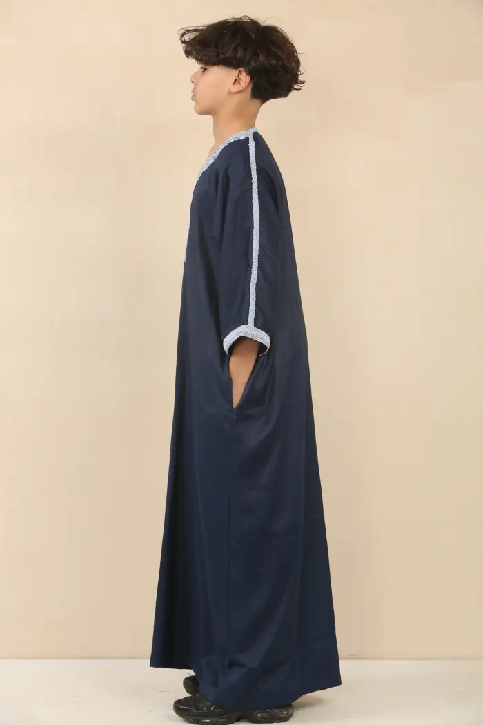 HM61 - Boys Navy Moroccan Thobe Short Sleeve Embroidery Gandoura - Image 5