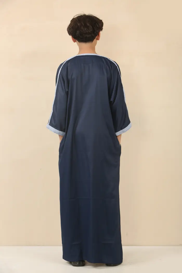 HM61 - Boys Navy Moroccan Thobe Short Sleeve Embroidery Gandoura - Image 6