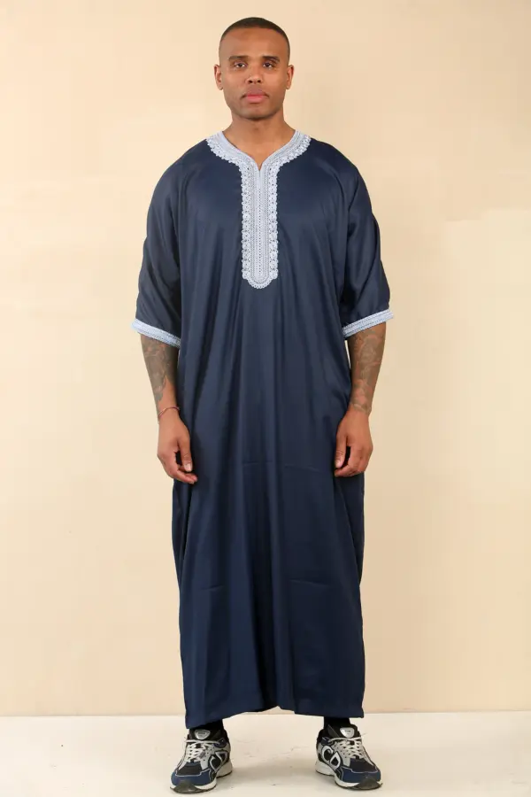 HM61 Mens Navy Moroccan Blue Embroidery Gandoura 1