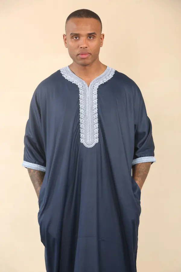 HM61 Mens Navy Moroccan Blue Embroidery Gandoura 3